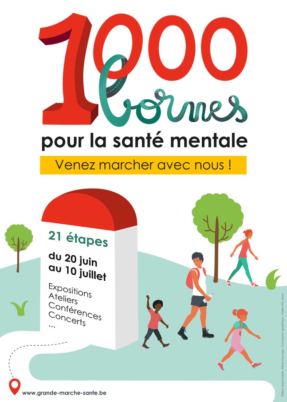 1000 bornes – La grande marche pour la santé mentale et le bien-être organisée à travers la Wallonie et à Bruxelles du 20 juin au 10 juillet 2021.